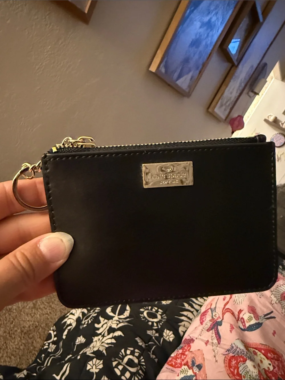 kate spade Black Leather Zip Wristlet with Gold Plaque